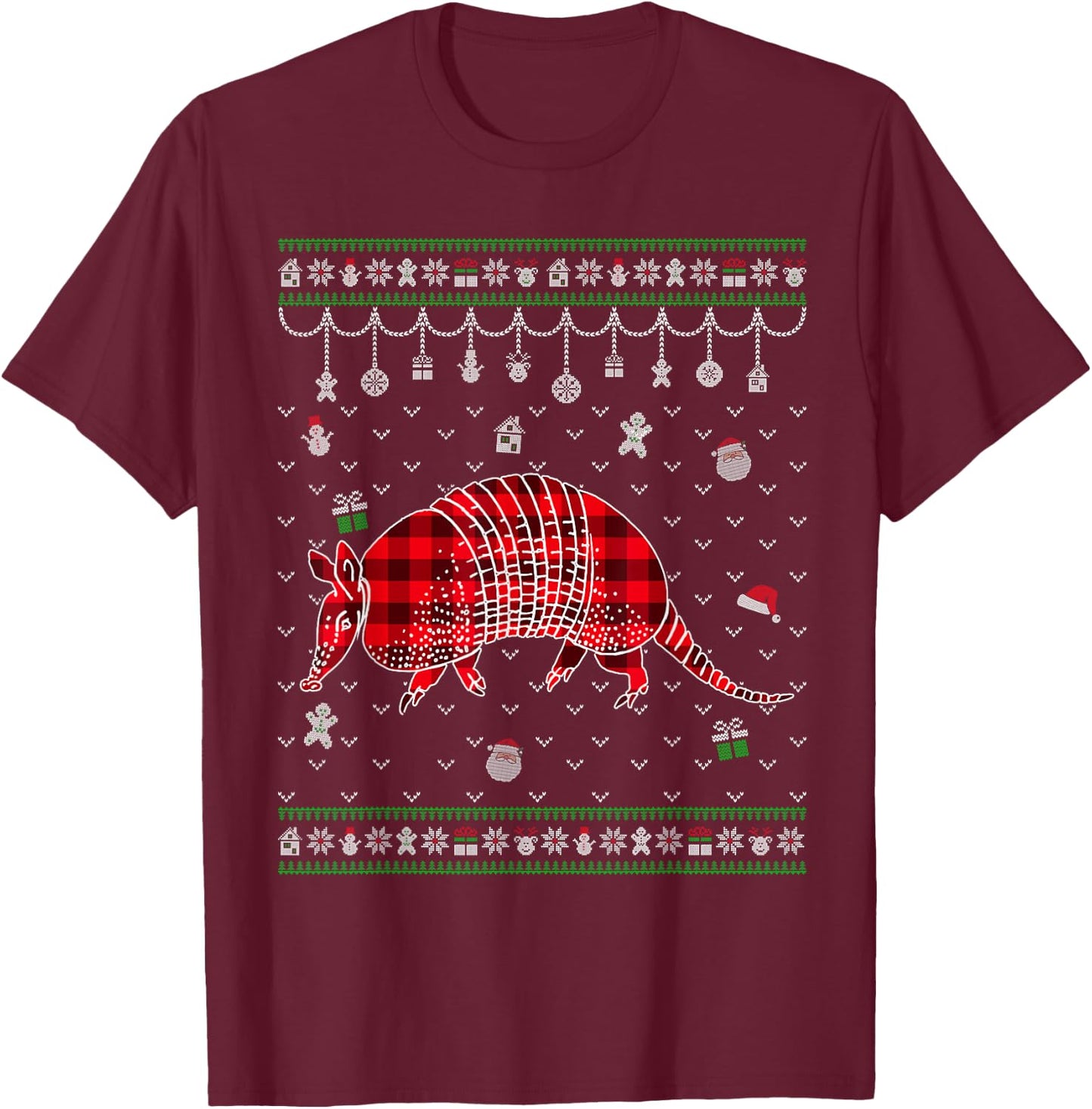 Red Plaid Armadillo Lover Funny Ugly Christmas Sweater T-Shirt - T-Shirt | Maroon
