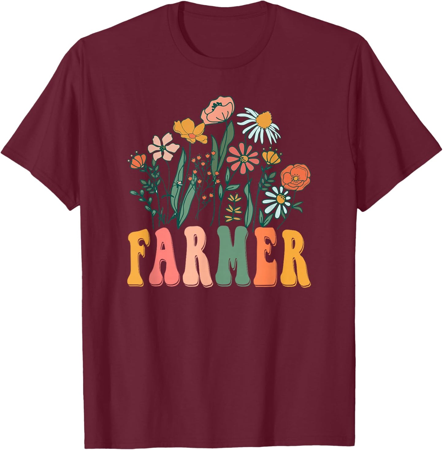 Retro Groovy floral Farmer Wildflower T-Shirt - T-Shirt | Maroon