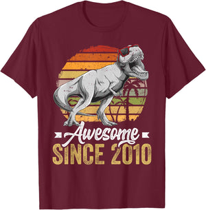 Awesome Since 2010 15 Years Old 15th Birthday Trex Dinosaur T-Shirt - T-Shirt | Maroon