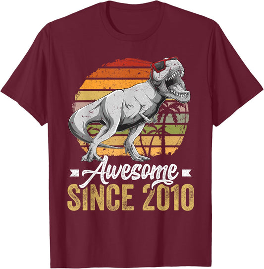Awesome Since 2010 15 Years Old 15th Birthday Trex Dinosaur T-Shirt - T-Shirt | Maroon