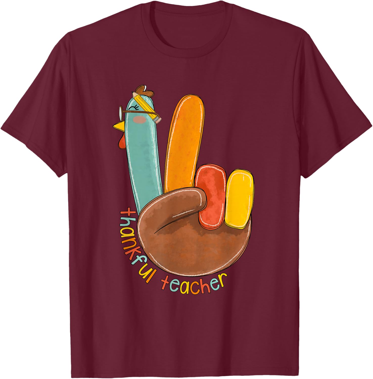 One Thankful Teacher Thanksgiving Turkey Peace Hand Sign T-Shirt - T-Shirt | Maroon
