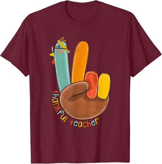 One Thankful Teacher Thanksgiving Turkey Peace Hand Sign T-Shirt - T-Shirt | Maroon