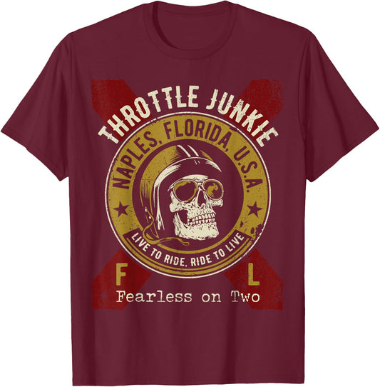 Naples Florida USA Motorcycle Biker Skull Design T-Shirt - T-Shirt | Maroon