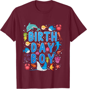 Kids Birthday Boy Ocean Animals Theme Birthday Party Under Sea T-Shirt - T-Shirt | Maroon