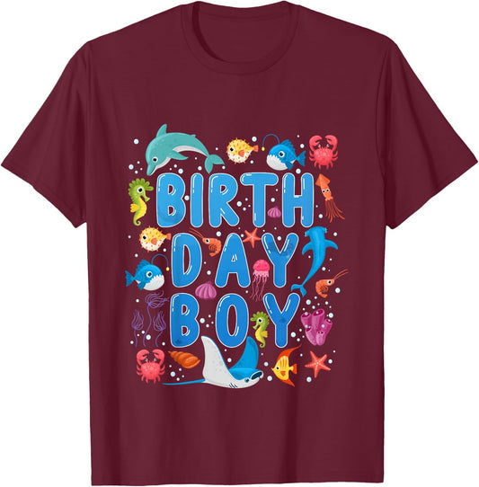 Kids Birthday Boy Ocean Animals Theme Birthday Party Under Sea T-Shirt - T-Shirt | Maroon