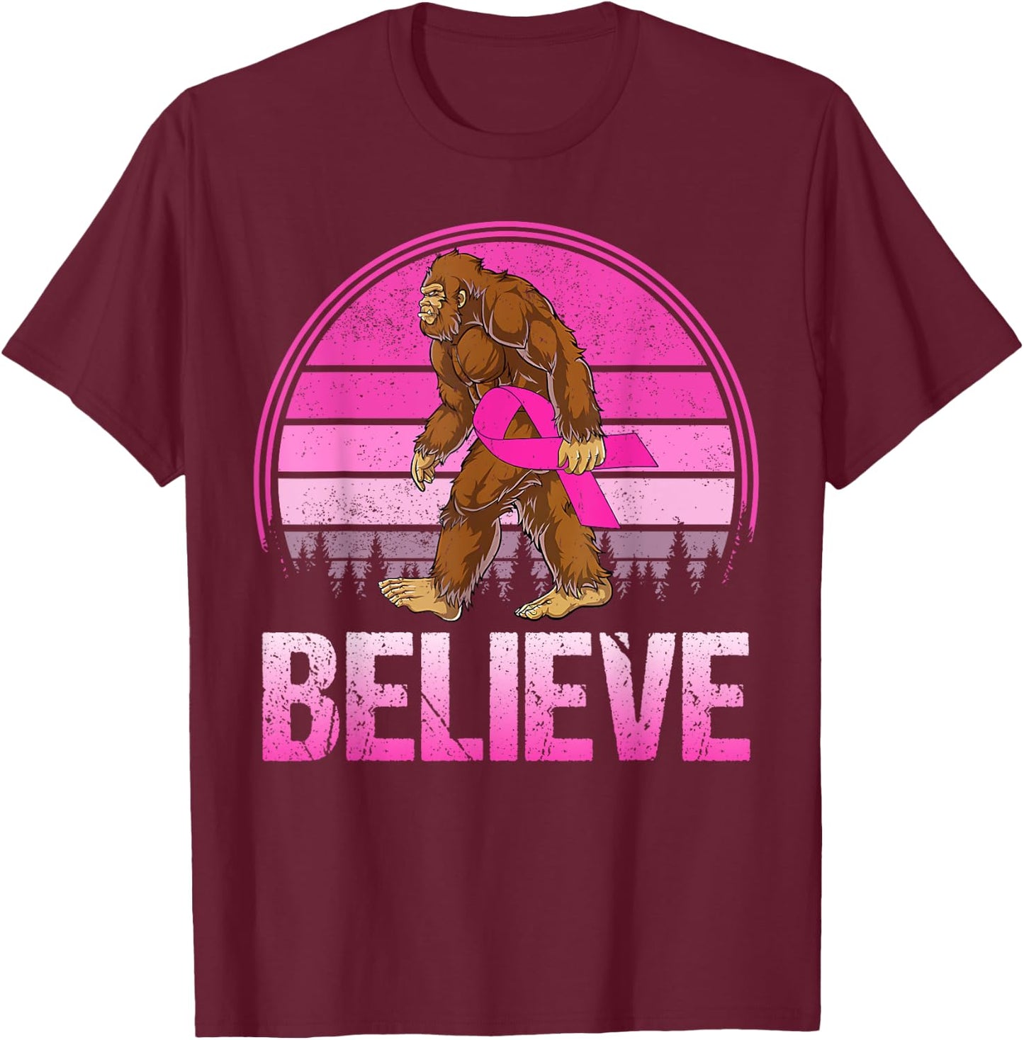 Retro Believe Breast Cancer Bigfoot & Pink Ribbon Sasquatch T-Shirt - T-Shirt | Maroon