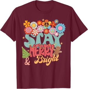 Retro Groovy Peace Stay Christmas Merry Bright Hippie Santa T-Shirt - T-Shirt | Maroon