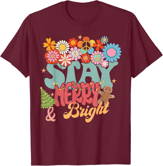 Retro Groovy Peace Stay Christmas Merry Bright Hippie Santa T-Shirt - T-Shirt | Maroon
