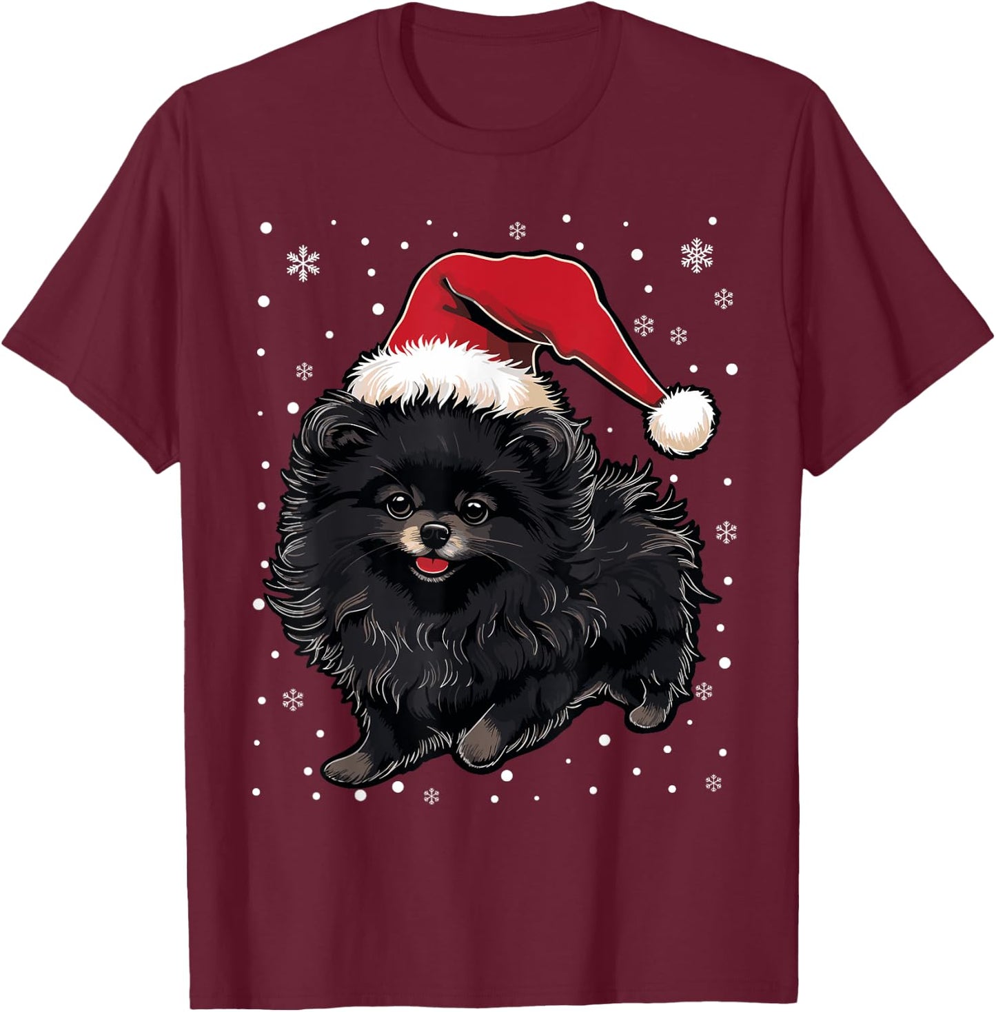 Black Pomeranian Dog Christmas Santa Hat Xmas Pajama Men Women Kids T-Shirt - T-Shirt | Maroon