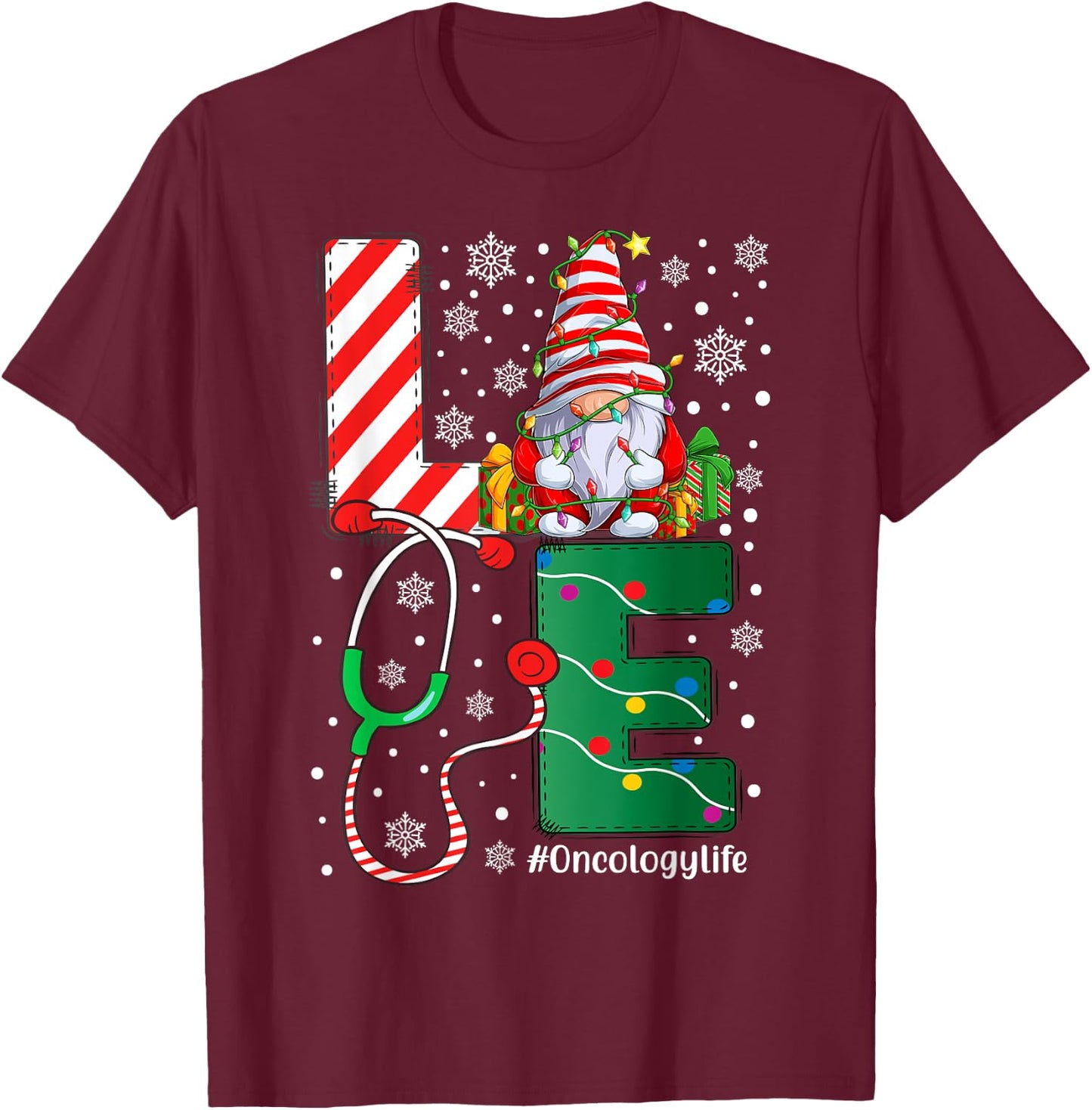 Oncology Nurse Worker Funny Gnomes Christmas Love Nurse Life T-Shirt - T-Shirt | Maroon