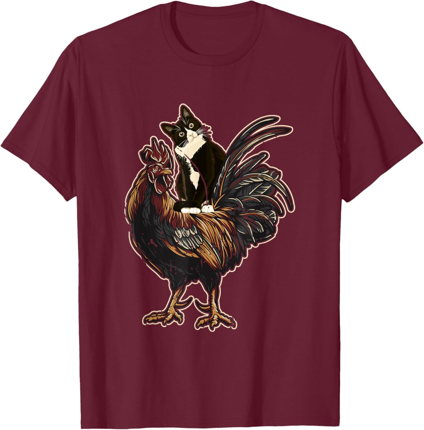 Black Cat Riding a Chicken Rooster Funny Animal Farming Men Women Girls Kids T-Shirt - T-Shirt | Maroon