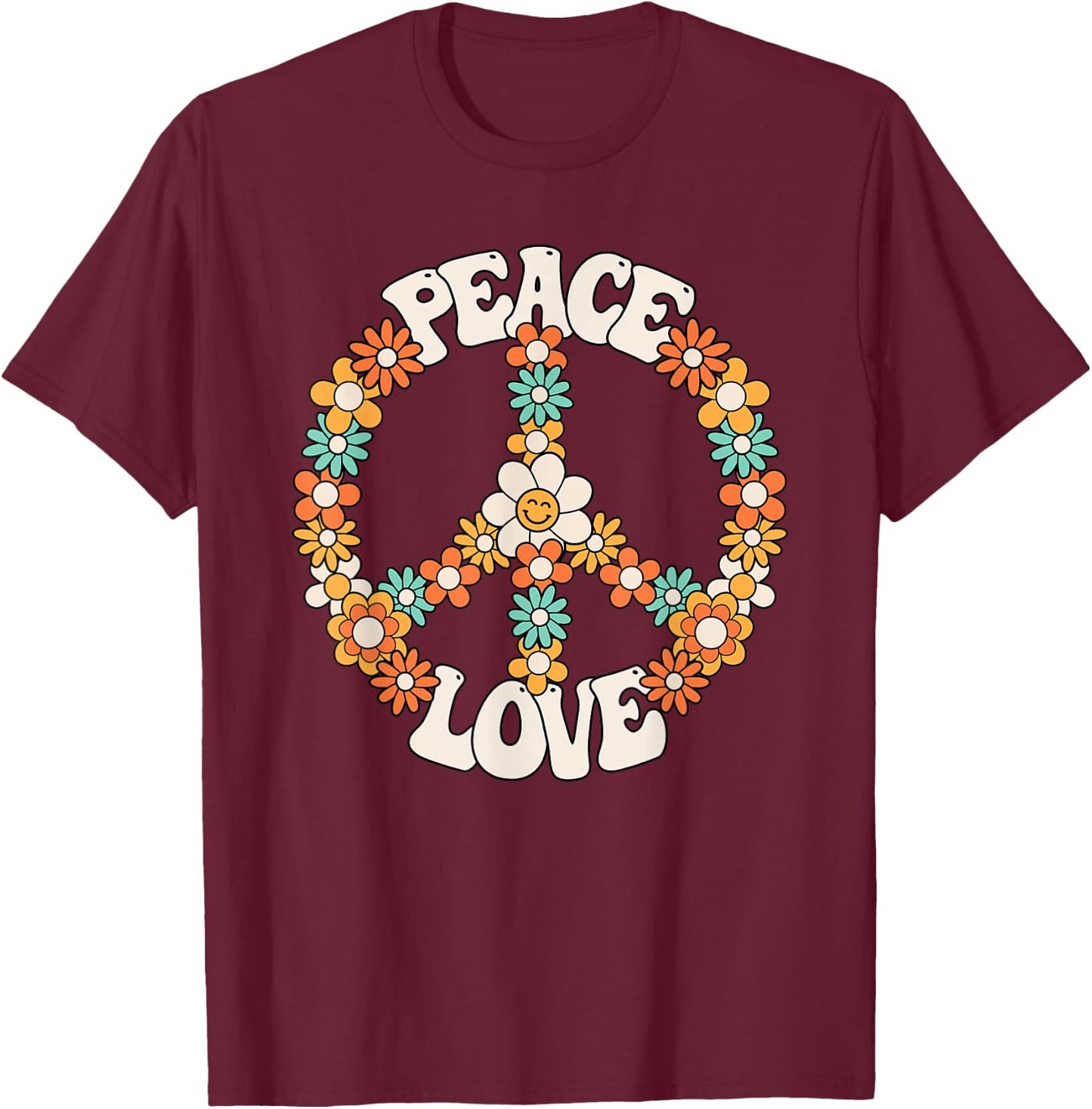 Peace Sign Love 60s 70s Costume Groovy Hippie Theme Party T-Shirt - T-Shirt | Maroon