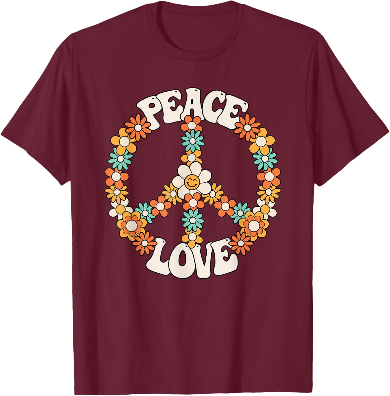 Peace Sign Love 60s 70s Costume Groovy Hippie Theme Party T-Shirt - T-Shirt | Maroon