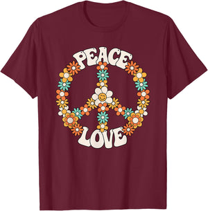 Peace Sign Love 60s 70s Costume Groovy Hippie Theme Party T-Shirt - T-Shirt | Maroon