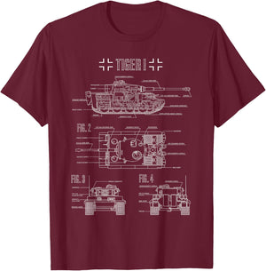 World War 2 German Tank Tiger I Engineering Blueprint T-Shirt - T-Shirt | Maroon