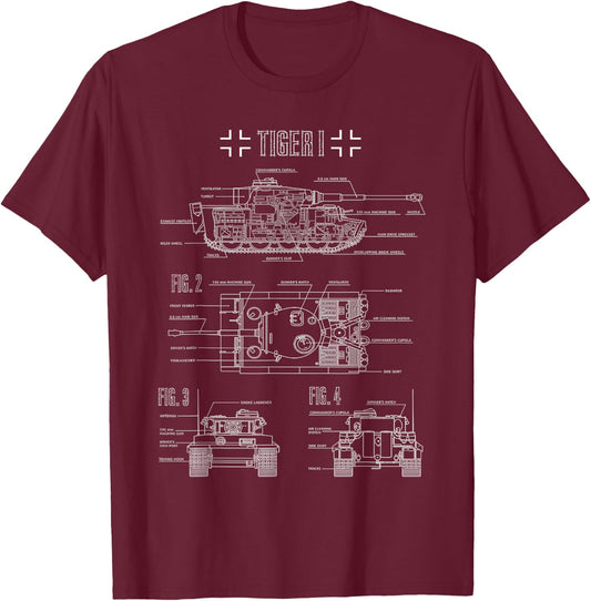 World War 2 German Tank Tiger I Engineering Blueprint T-Shirt - T-Shirt | Maroon