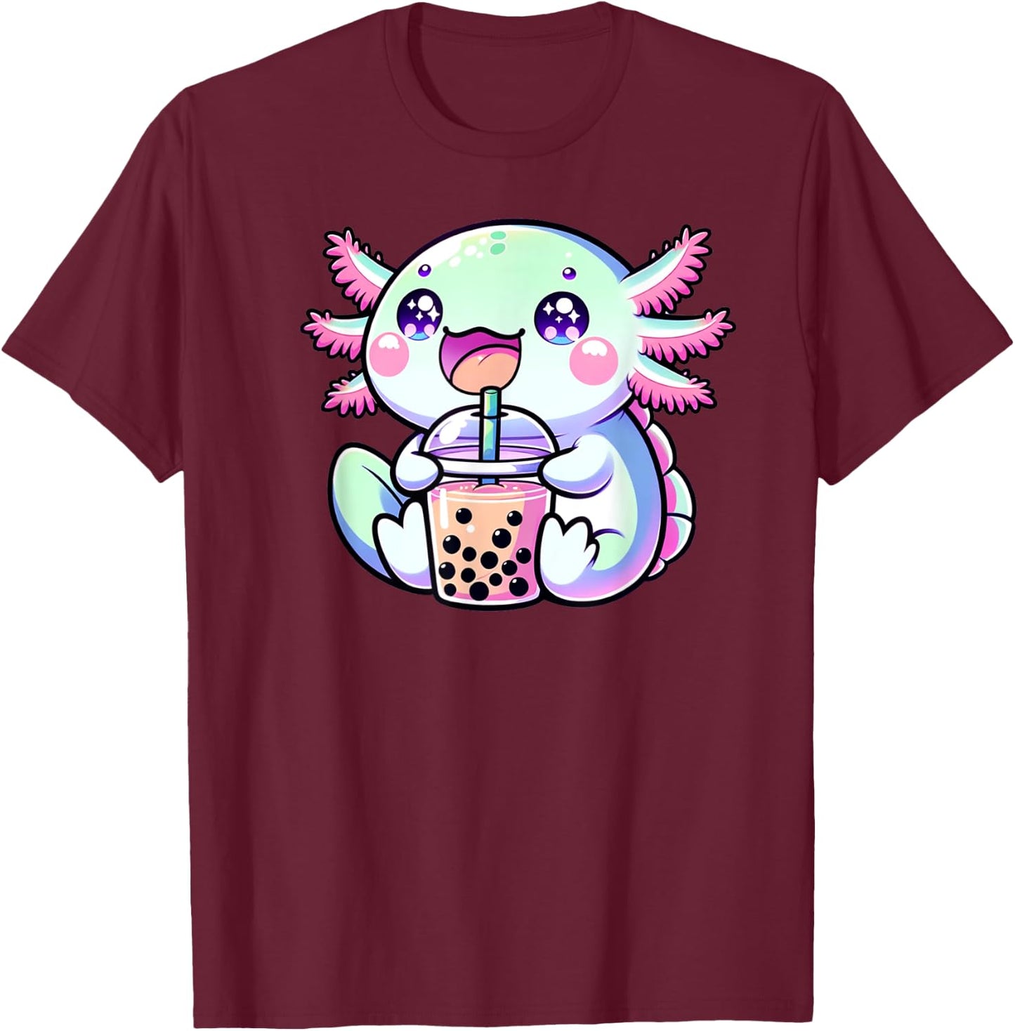 Cute Kawaii Axolotl Boba Bubble Tea Blue Pink Anime Bobalotl Men Women Kids T-Shirt - T-Shirt | Maroon