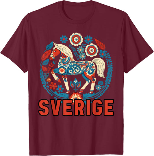 Swedish Dala Horse Scandinavian Traditions Sverige Sweden T-Shirt - T-Shirt | Maroon