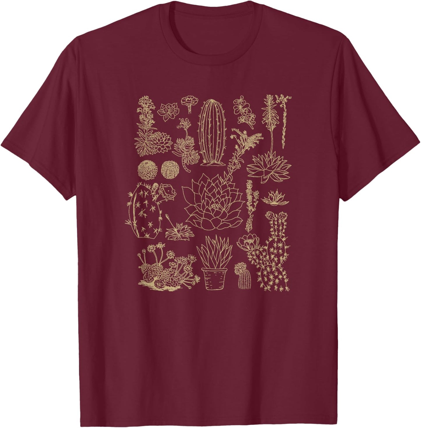 Cactus Grid Desert Plants Collage Outline Art T-Shirt - T-Shirt | Maroon