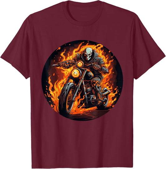 Skeleton Flames on burning Motorcycle for Motorbikes Lovers T-Shirt - T-Shirt | Maroon