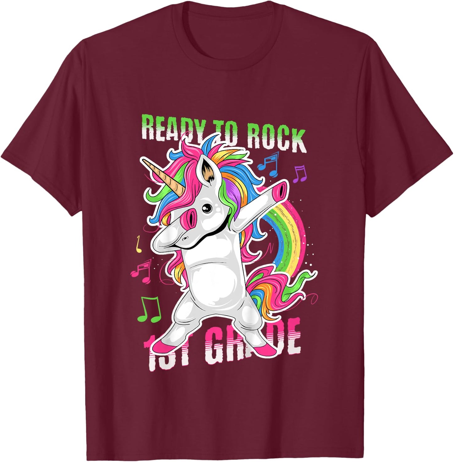 Kids Cute Girls Unicorn Ready To Rock 1st Grade Graphic T-Shirt - T-Shirt | Maroon