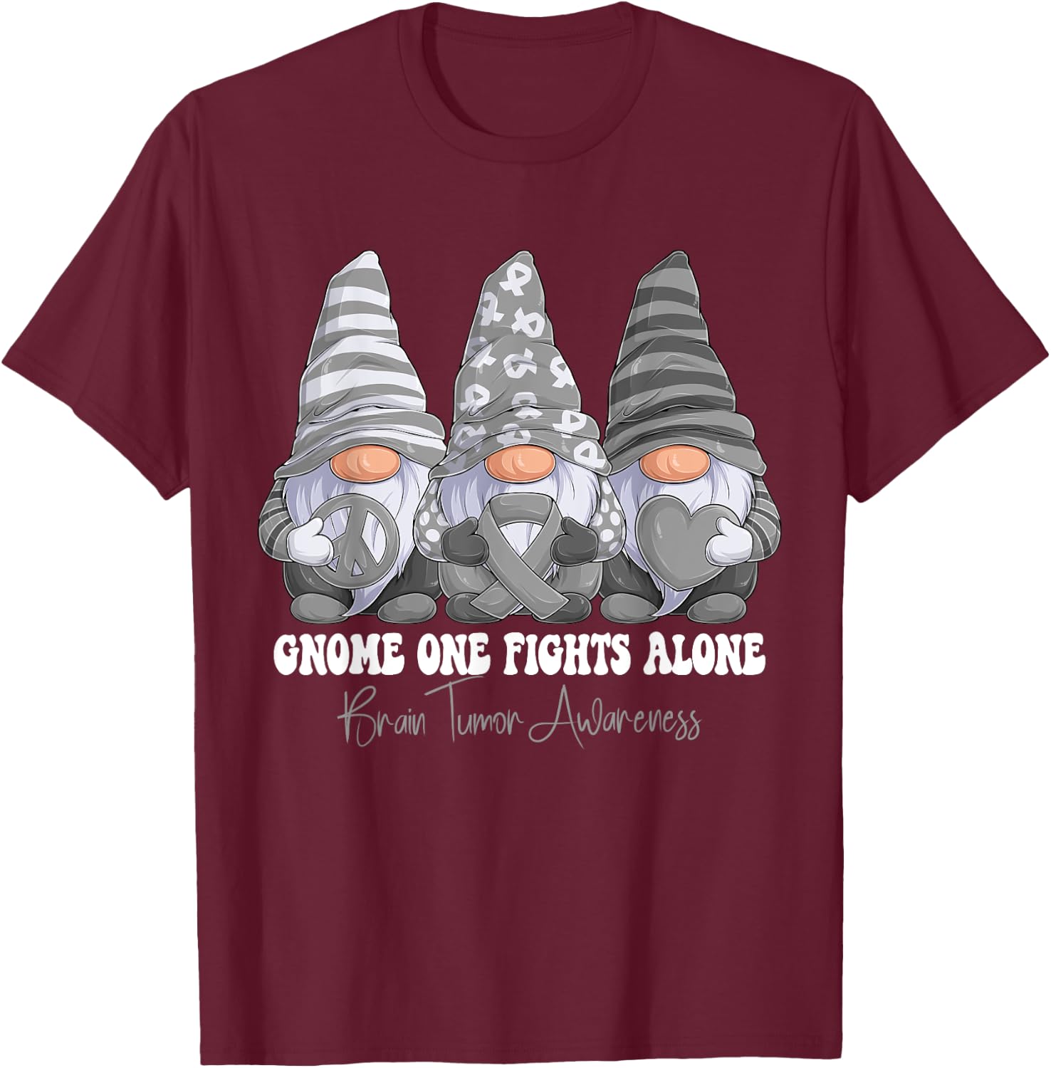 Brain Tumor Awareness Month Gray Ribbon Gnomies Support T-Shirt - T-Shirt | Maroon