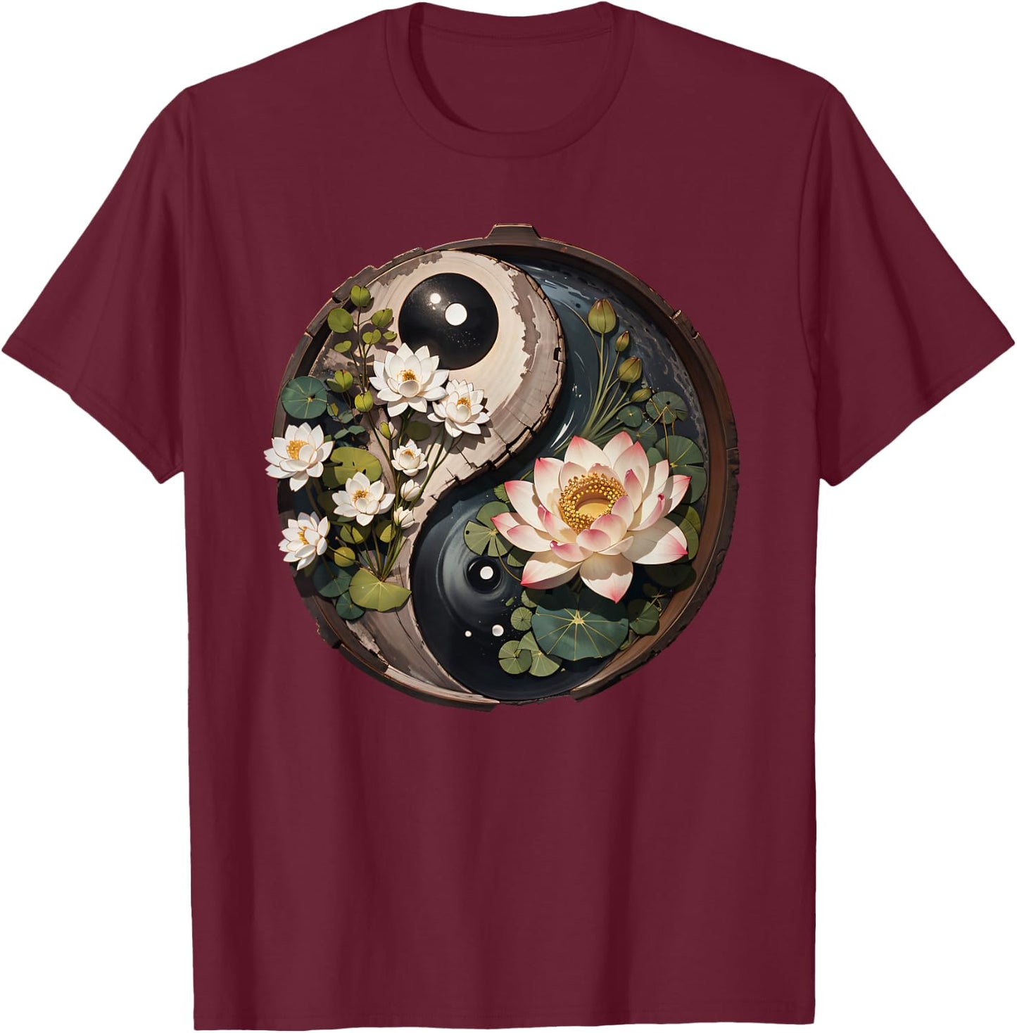 Lotus Flower Pond Yin Yang T-Shirt - T-Shirt | Maroon