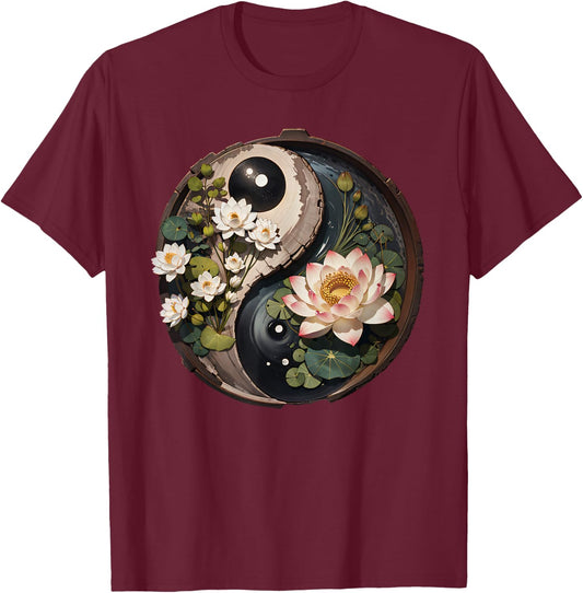 Lotus Flower Pond Yin Yang T-Shirt - T-Shirt | Maroon