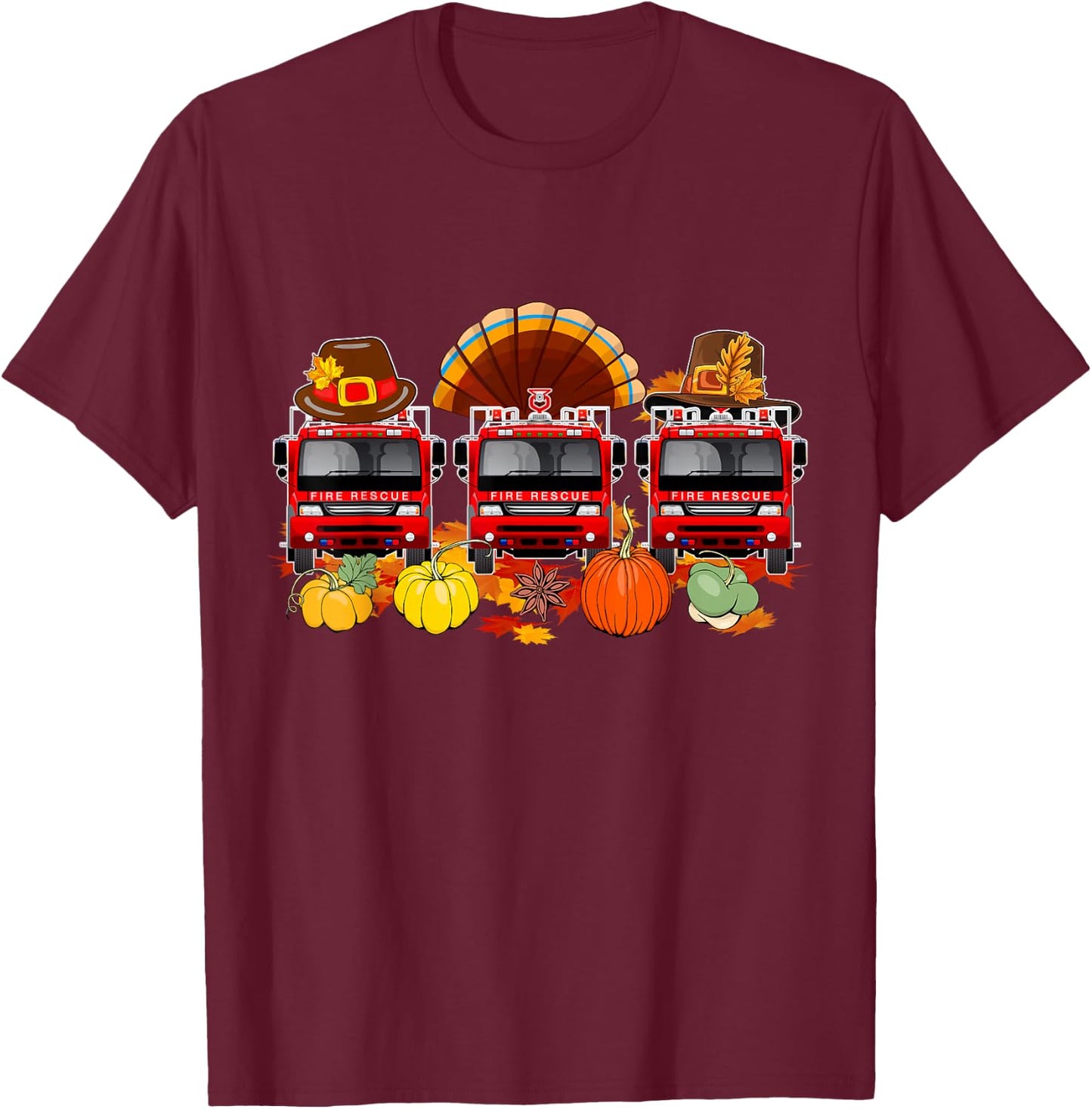 Thanksgiving Three Cute Fire Trucks As Turkey Autumn Driver T-Shirt - T-Shirt | Maroon