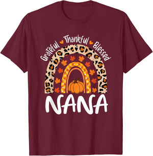 Grateful Thankful Blessed Nana Leopard Rainbow Thanksgiving T-Shirt - T-Shirt | Maroon