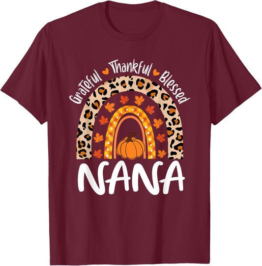 Grateful Thankful Blessed Nana Leopard Rainbow Thanksgiving T-Shirt - T-Shirt | Maroon