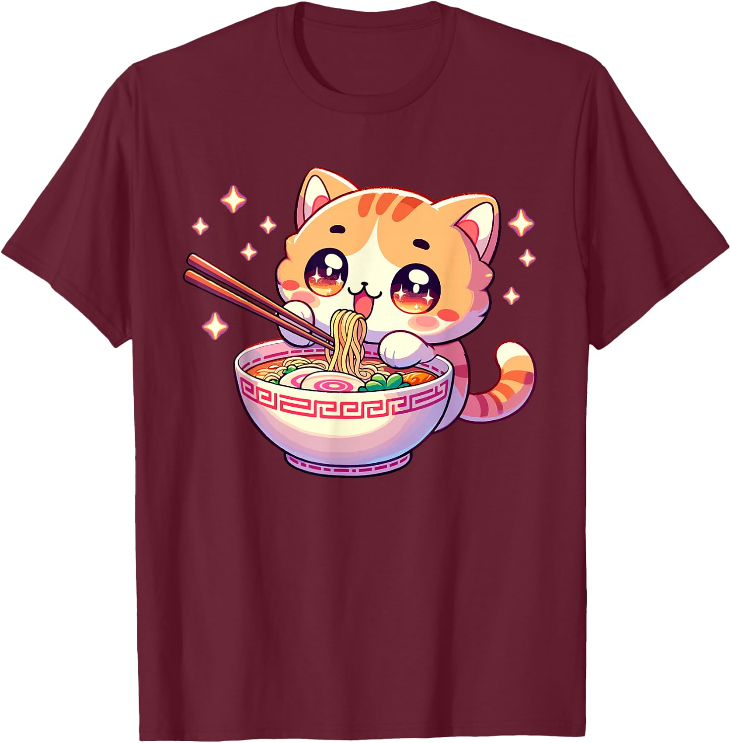 Japanese Kawaii Kitten Anime Cat Eating Ramen Women Girls T-Shirt - T-Shirt | Maroon
