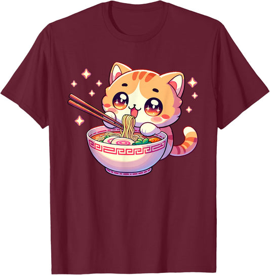 Japanese Kawaii Kitten Anime Cat Eating Ramen Women Girls T-Shirt - T-Shirt | Maroon