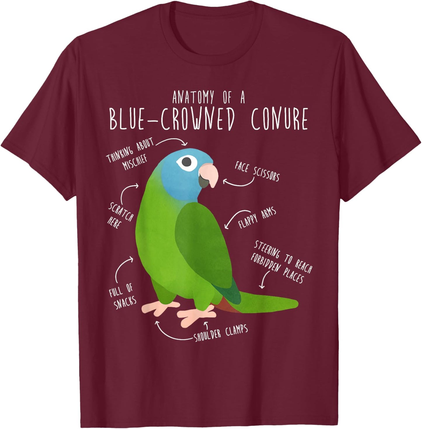 Blue-Crowned Conure Parrot Anatomy, Funny Cute Pet Bird Mom T-Shirt - T-Shirt | Maroon