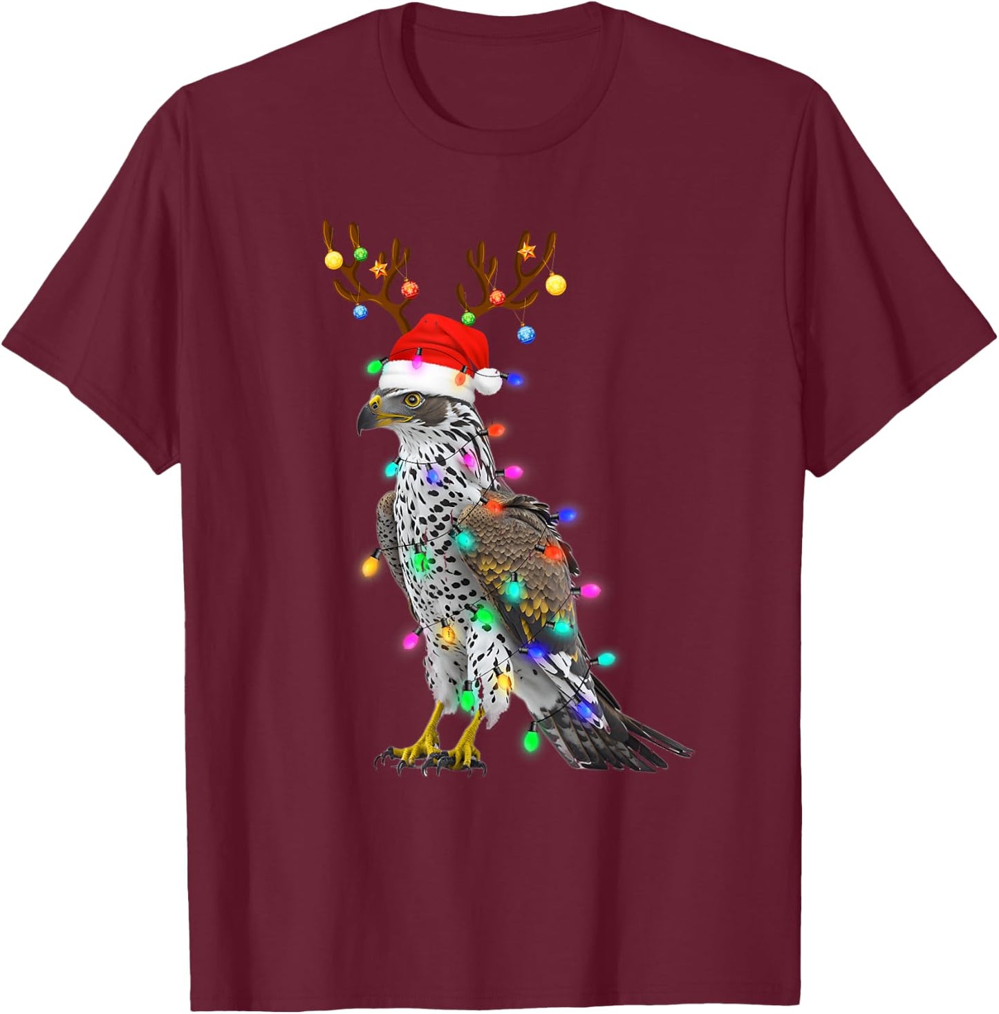 Santa Hat Funny Falcon Tree Xmas Light Bird Christmas T-Shirt - T-Shirt | Maroon