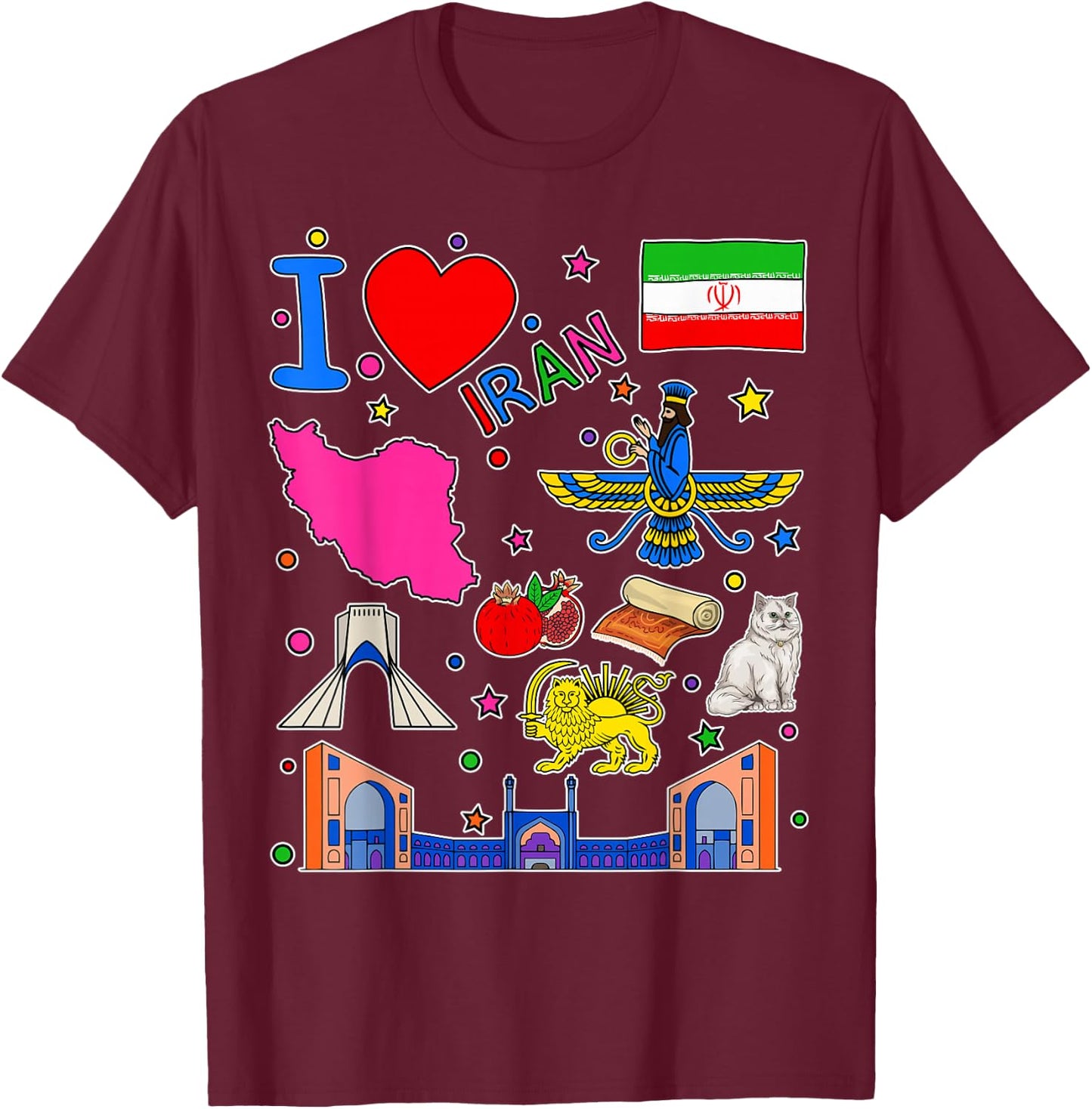 Iranian hand drawn landmarks, Iran map, Culture icons T-Shirt - T-Shirt | Maroon