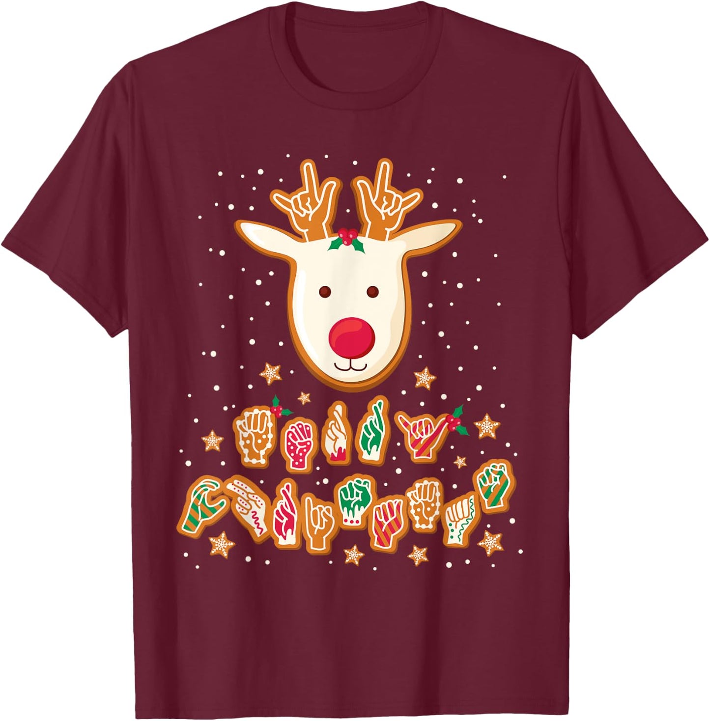 ASL Christmas Reindeer American Sign Language Gingerbread T-Shirt - T-Shirt | Maroon