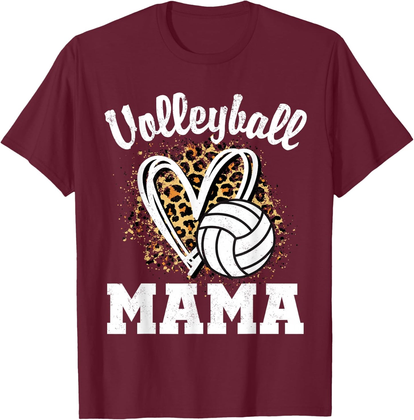 Volleyball Mama Leopard Heart T-Shirt - T-Shirt | Maroon