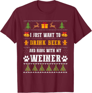 Drink Beer Funny Weiner Dachshund Dog Ugly Christmas Sweater T-Shirt - T-Shirt | Maroon
