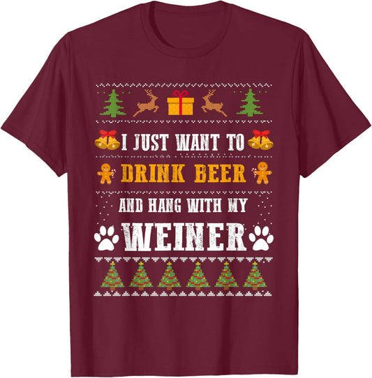 Drink Beer Funny Weiner Dachshund Dog Ugly Christmas Sweater T-Shirt - T-Shirt | Maroon