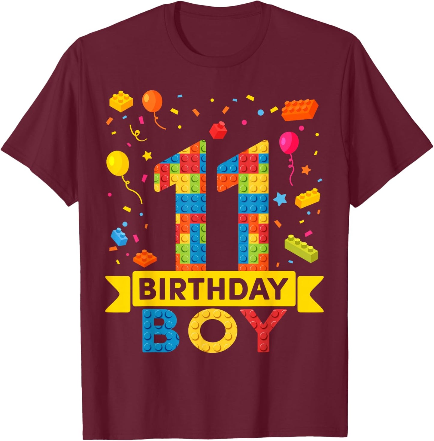 11 Year Old Building Blocks 11th Birthday Boy T-Shirt - T-Shirt | Maroon