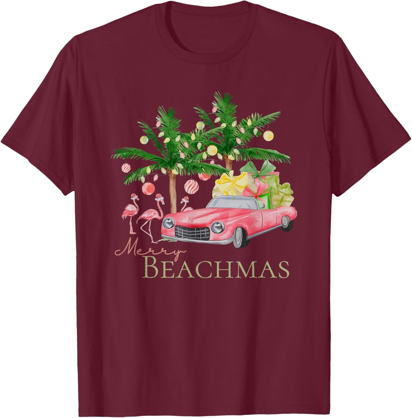 Merry Beachmas Tropical Christmas Santa Flamingo Hawaii Men Women T-Shirt - T-Shirt | Maroon
