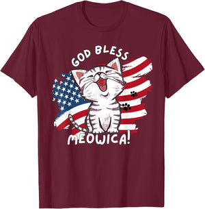 Funny Cat Lovers God Bless Meowica Patriotic 4th of July T-Shirt - T-Shirt | Maroon