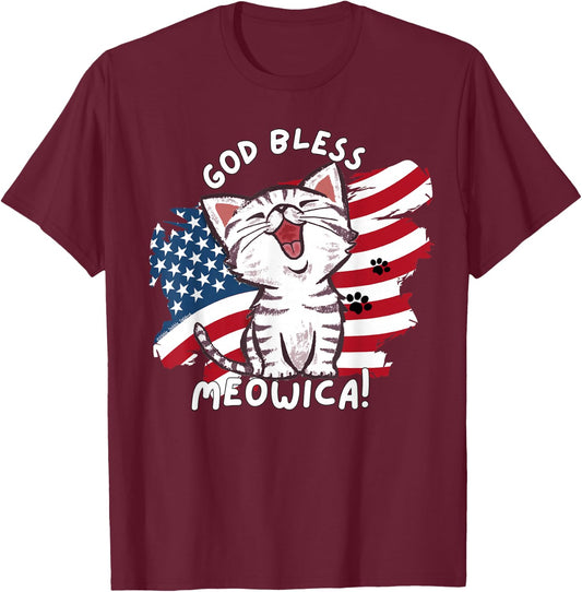 Funny Cat Lovers God Bless Meowica Patriotic 4th of July T-Shirt - T-Shirt | Maroon