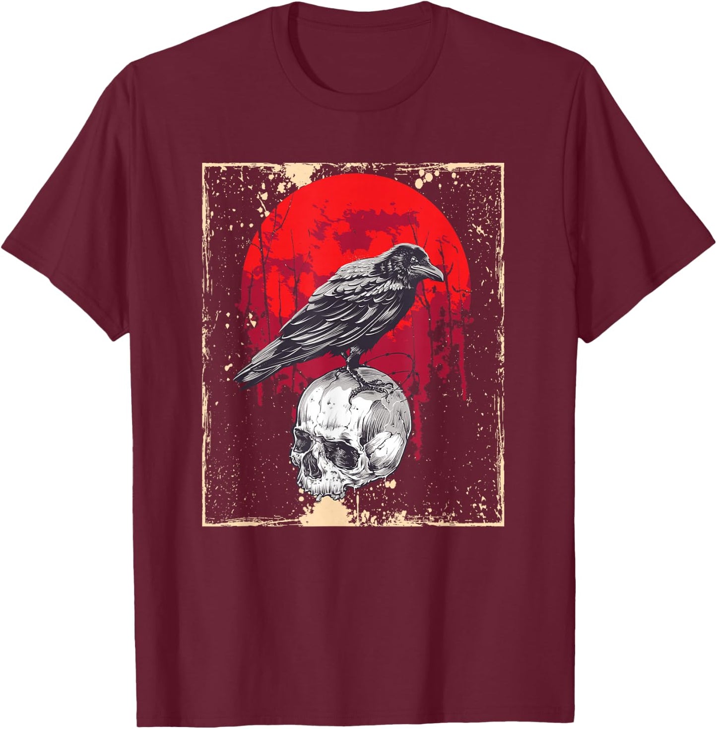 Gothic Raven Skull Red Moon Black Crow T-Shirt - T-Shirt | Maroon