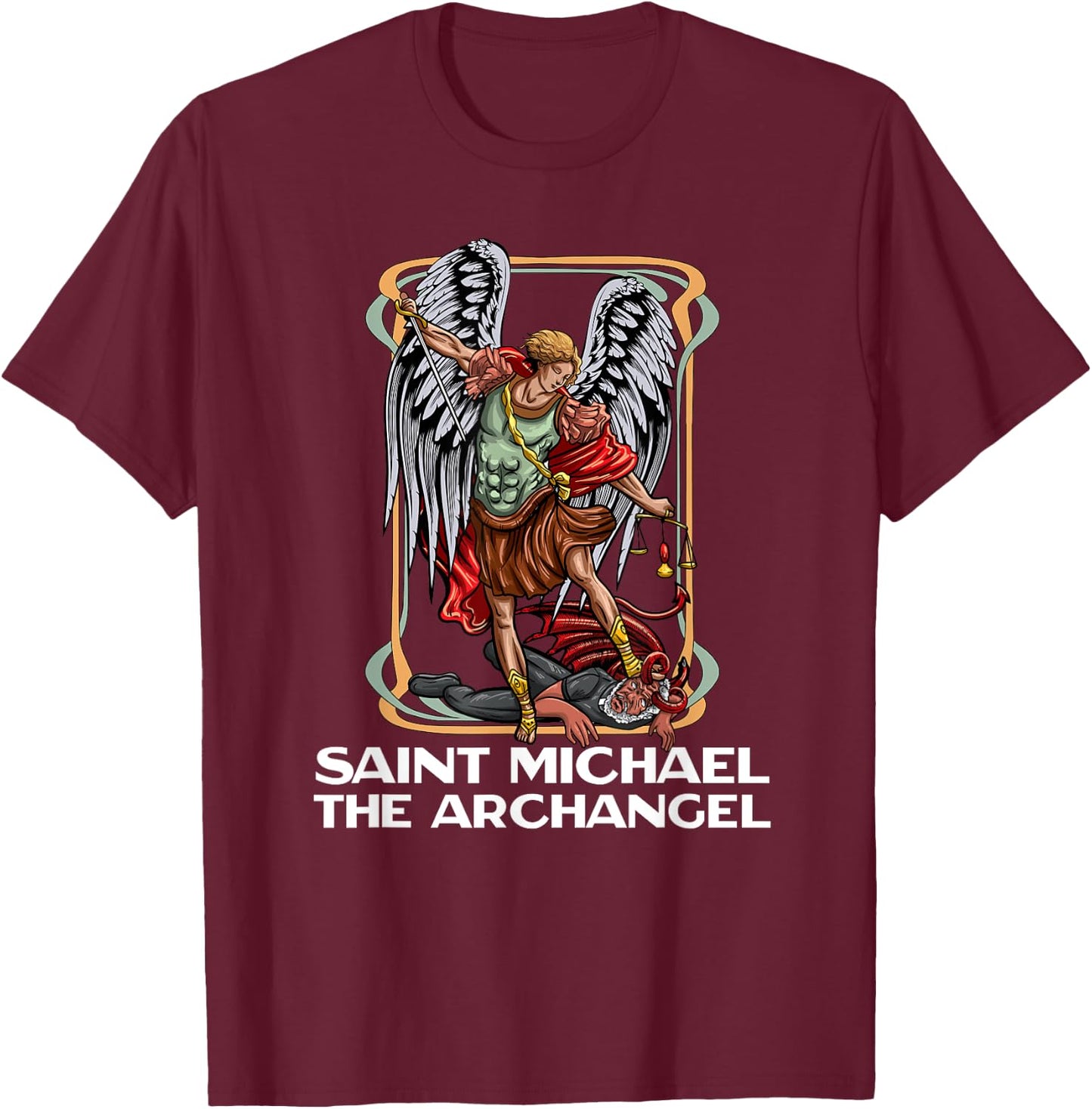 Modern Day Catholic Designs Saint Michael The Archangel Catholic - Black, X-Small, -Adults, Short Sleeve, , Regular Fit, Cotton 50% Polyester 50% T-Shirt - T-Shirt | Maroon