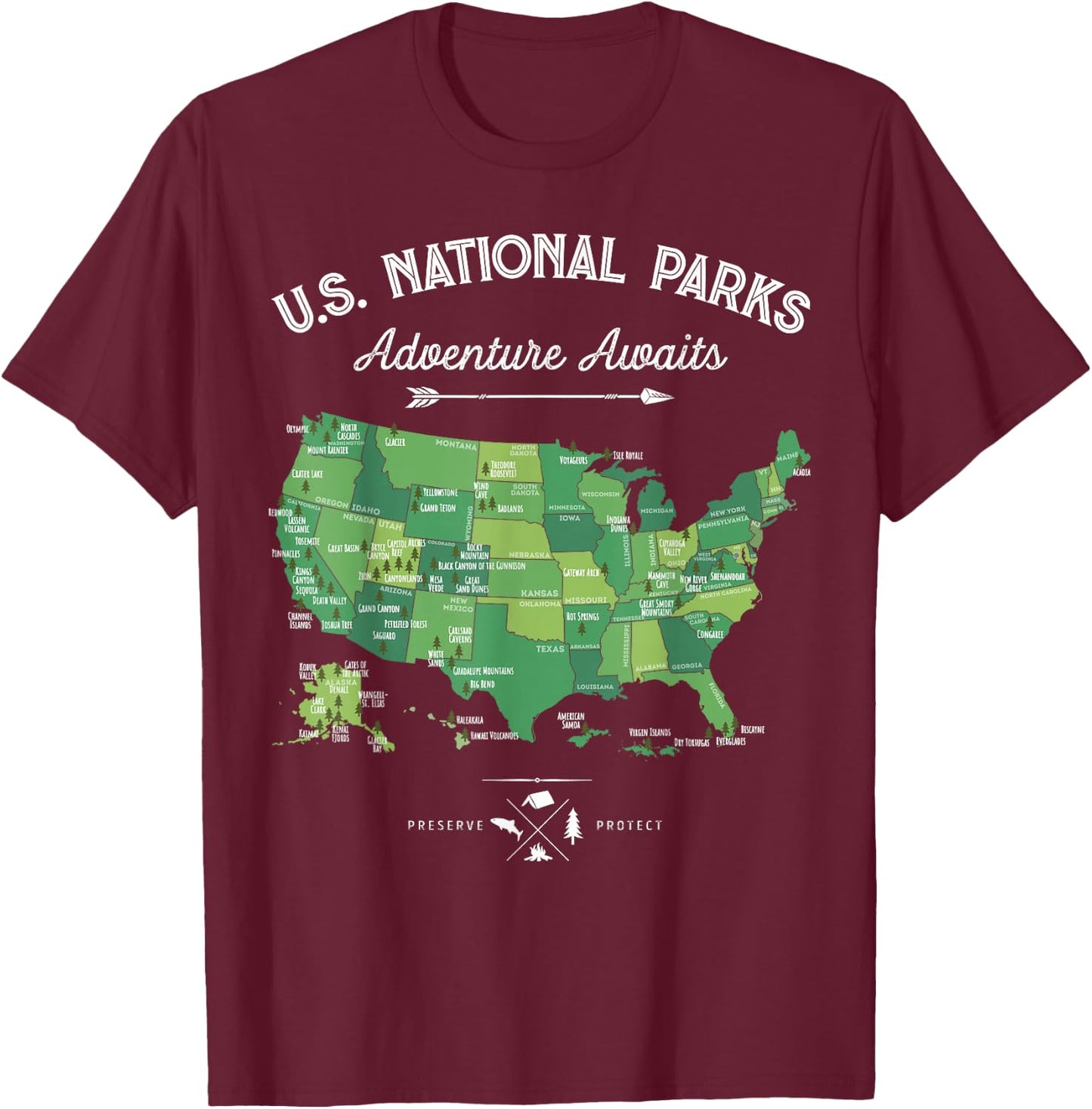 63 National Parks Map US Park Retro Vintage Camping Hiking T-Shirt - T-Shirt | Maroon