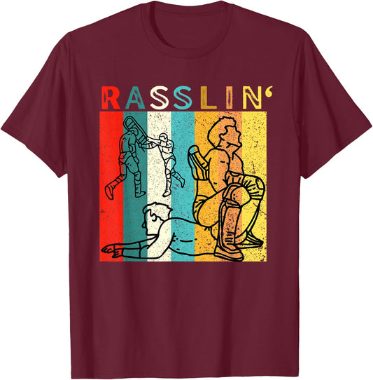 Retro Vintage Rasslin' Pro Wrestling Fan T-Shirt - T-Shirt | Maroon