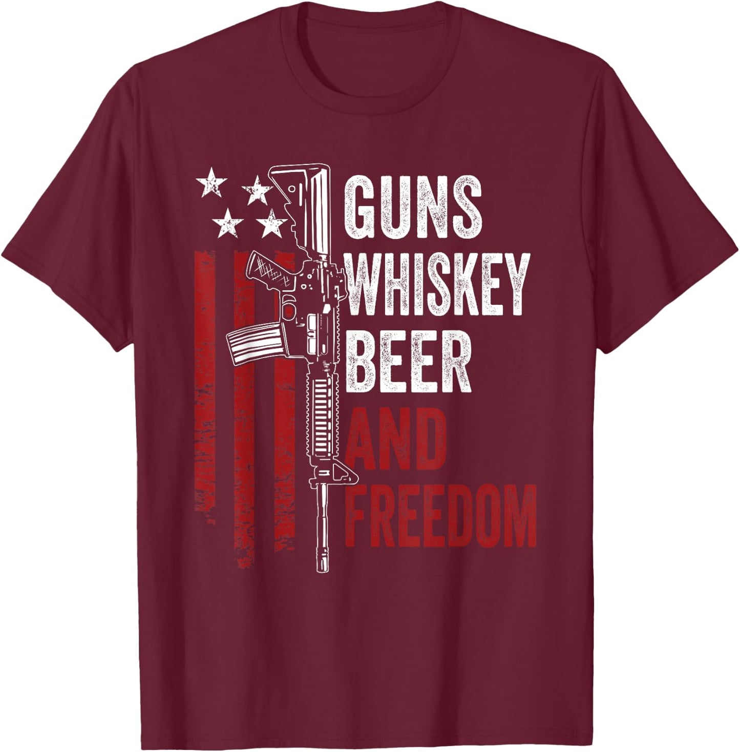 Guns Whisky Beer And Freedom - Funny Drinking AR15 Gun T-Shirt - T-Shirt | Maroon