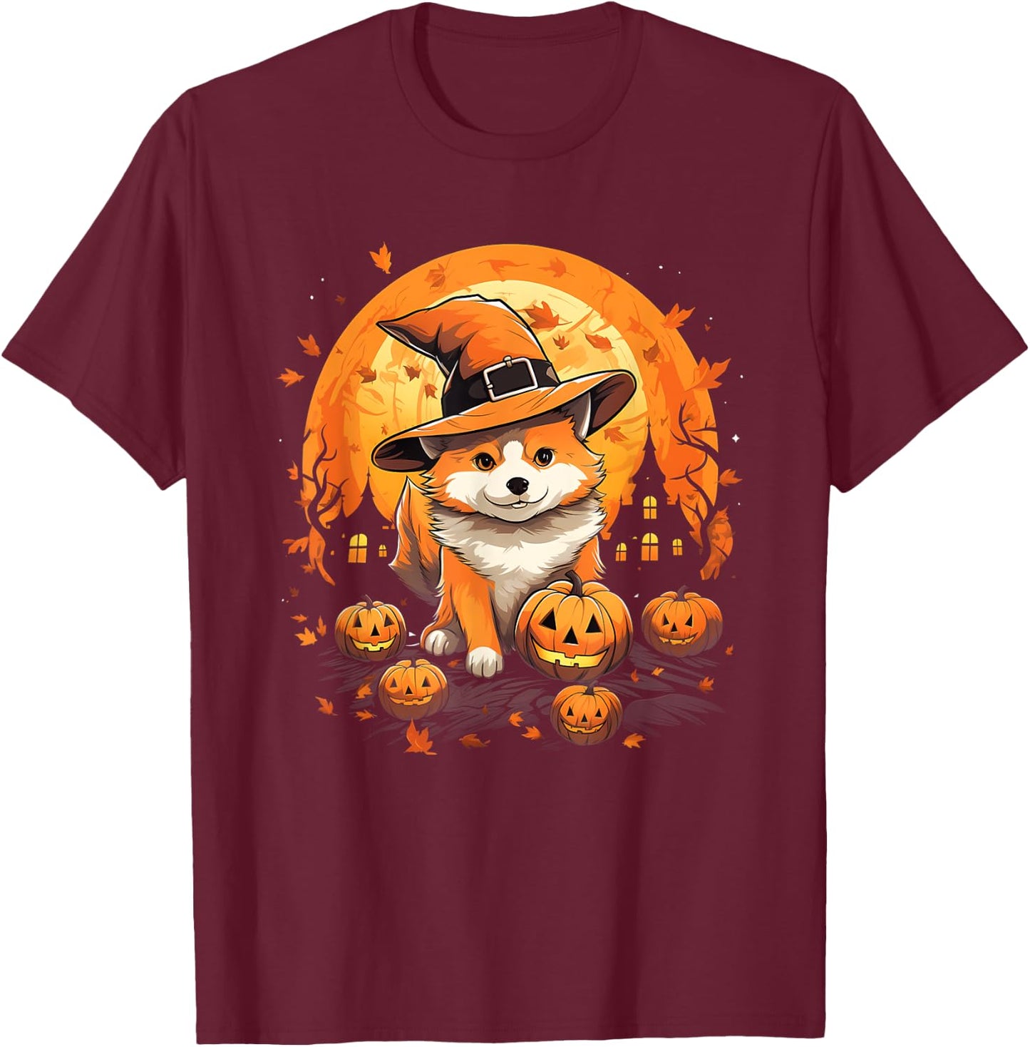Spooky Jindo Dog Witch Halloween T-Shirt - T-Shirt | Maroon